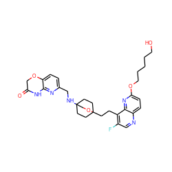 O=C1COc2ccc(CNC34CCC(CCc5c(F)cnc6ccc(OCCCCCO)nc56)(CC3)OC4)nc2N1 ZINC000149202838