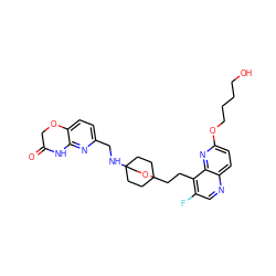 O=C1COc2ccc(CNC34CCC(CCc5c(F)cnc6ccc(OCCCCO)nc56)(CC3)OC4)nc2N1 ZINC000149149082