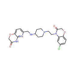 O=C1COc2ccc(CNC3CCN(CCN4C(=O)COc5ccc(Cl)cc54)CC3)nc2N1 ZINC000034846307