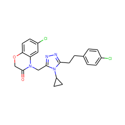 O=C1COc2ccc(Cl)cc2N1Cc1nnc(CCc2ccc(Cl)cc2)n1C1CC1 ZINC000071316709