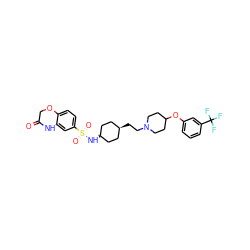 O=C1COc2ccc(S(=O)(=O)N[C@H]3CC[C@H](CCN4CCC(Oc5cccc(C(F)(F)F)c5)CC4)CC3)cc2N1 ZINC000253659156