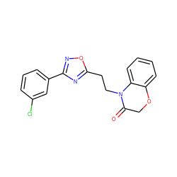 O=C1COc2ccccc2N1CCc1nc(-c2cccc(Cl)c2)no1 ZINC000084687722