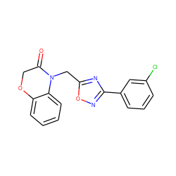 O=C1COc2ccccc2N1Cc1nc(-c2cccc(Cl)c2)no1 ZINC000064999052