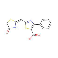 O=C1CS/C(=C/c2nc(-c3ccccc3)c(C(=O)O)s2)N1 ZINC000095605353