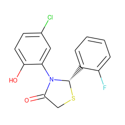 O=C1CS[C@@H](c2ccccc2F)N1c1cc(Cl)ccc1O ZINC000000424042