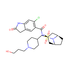 O=C1Cc2cc(C(=O)N[C@@H]3C[C@@H]4CC[C@H](C3)N4S(=O)(=O)CC3CCN(CCCO)CC3)c(Cl)cc2N1 ZINC000653851520