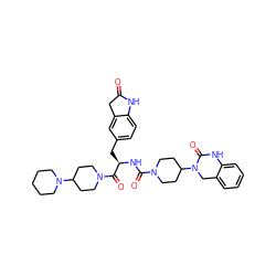 O=C1Cc2cc(C[C@@H](NC(=O)N3CCC(N4Cc5ccccc5NC4=O)CC3)C(=O)N3CCC(N4CCCCC4)CC3)ccc2N1 ZINC000084709568