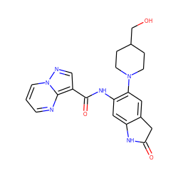 O=C1Cc2cc(N3CCC(CO)CC3)c(NC(=O)c3cnn4cccnc34)cc2N1 ZINC000113654492