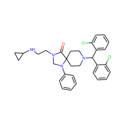 O=C1N(CCNC2CC2)CN(c2ccccc2)C12CCN(C(c1ccccc1Cl)c1ccccc1Cl)CC2 ZINC000096901359