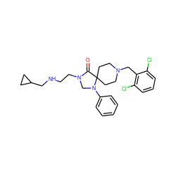 O=C1N(CCNCC2CC2)CN(c2ccccc2)C12CCN(Cc1c(Cl)cccc1Cl)CC2 ZINC000040406950