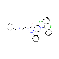 O=C1N(CCNCC2CCCCC2)CN(c2ccccc2)C12CCN(C(c1ccccc1Cl)c1ccccc1Cl)CC2 ZINC000042805488