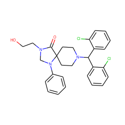 O=C1N(CCO)CN(c2ccccc2)C12CCN(C(c1ccccc1Cl)c1ccccc1Cl)CC2 ZINC000084899117