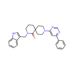 O=C1N(Cc2c[nH]c3ccccc23)CCCC12CCN(c1cc(-c3ccccc3)ncn1)CC2 ZINC000096173204