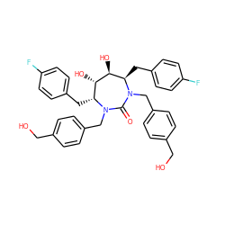 O=C1N(Cc2ccc(CO)cc2)[C@H](Cc2ccc(F)cc2)[C@H](O)[C@@H](O)[C@@H](Cc2ccc(F)cc2)N1Cc1ccc(CO)cc1 ZINC000014945772