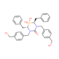 O=C1N(Cc2ccc(CO)cc2)[C@H](Cc2ccccc2)P(=O)(O)[C@@H](Cc2ccccc2)N1Cc1ccc(CO)cc1 ZINC000003942955