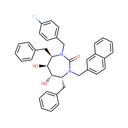 O=C1N(Cc2ccc(F)cc2)[C@H](Cc2ccccc2)[C@H](O)[C@@H](O)[C@@H](Cc2ccccc2)N1Cc1ccc2ccccc2c1 ZINC000014946435