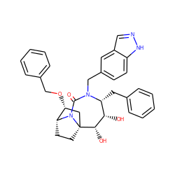 O=C1N(Cc2ccc3[nH]ncc3c2)[C@H](Cc2ccccc2)[C@H](O)[C@H](O)[C@]23CC[C@H]([C@H](OCc4ccccc4)C2)N13 ZINC000003916079