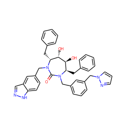 O=C1N(Cc2cccc(Cn3cccn3)c2)[C@H](Cc2ccccc2)[C@H](O)[C@@H](O)[C@@H](Cc2ccccc2)N1Cc1ccc2[nH]ncc2c1 ZINC000026477223