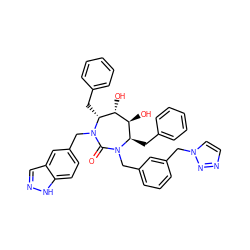 O=C1N(Cc2cccc(Cn3ccnn3)c2)[C@H](Cc2ccccc2)[C@H](O)[C@@H](O)[C@@H](Cc2ccccc2)N1Cc1ccc2[nH]ncc2c1 ZINC000026483581