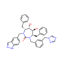 O=C1N(Cc2cccc(Cn3cncn3)c2)[C@H](Cc2ccccc2)[C@H](O)[C@@H](O)[C@@H](Cc2ccccc2)N1Cc1ccc2[nH]ncc2c1 ZINC000026480142