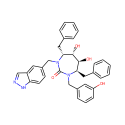 O=C1N(Cc2cccc(O)c2)[C@H](Cc2ccccc2)[C@H](O)[C@@H](O)[C@@H](Cc2ccccc2)N1Cc1ccc2[nH]ncc2c1 ZINC000014908090