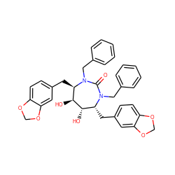 O=C1N(Cc2ccccc2)[C@H](Cc2ccc3c(c2)OCO3)[C@H](O)[C@@H](O)[C@@H](Cc2ccc3c(c2)OCO3)N1Cc1ccccc1 ZINC000014945749