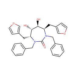 O=C1N(Cc2ccccc2)[C@H](Cc2ccoc2)[C@H](O)[C@@H](O)[C@@H](Cc2ccoc2)N1Cc1ccccc1 ZINC000013756080