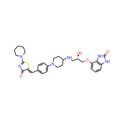 O=C1N=C(N2CCCCC2)S/C1=C\c1ccc(N2CCC(NC[C@H](O)COc3cccc4[nH]c(=O)[nH]c34)CC2)cc1 ZINC000028090544