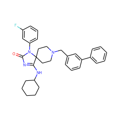 O=C1N=C(NC2CCCCC2)C2(CCN(Cc3cccc(-c4ccccc4)c3)CC2)N1c1cccc(F)c1 ZINC000040956184