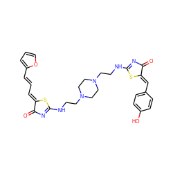 O=C1N=C(NCCN2CCN(CCNC3=NC(=O)/C(=C/c4ccc(O)cc4)S3)CC2)S/C1=C\C=C\c1ccco1 ZINC000095560670