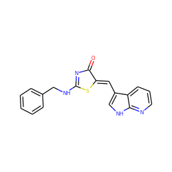 O=C1N=C(NCc2ccccc2)S/C1=C\c1c[nH]c2ncccc12 ZINC000040411135