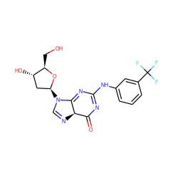 O=C1N=C(Nc2cccc(C(F)(F)F)c2)N=C2[C@@H]1N=CN2[C@H]1C[C@H](O)[C@@H](CO)O1 ZINC000169321115