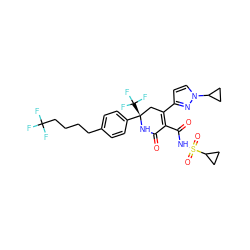 O=C1N[C@@](c2ccc(CCCCC(F)(F)F)cc2)(C(F)(F)F)CC(c2ccn(C3CC3)n2)=C1C(=O)NS(=O)(=O)C1CC1 ZINC001772621124