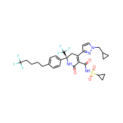 O=C1N[C@@](c2ccc(CCCCC(F)(F)F)cc2)(C(F)(F)F)CC(c2ccn(CC3CC3)n2)=C1C(=O)NS(=O)(=O)C1CC1 ZINC001772576162