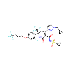 O=C1N[C@@](c2ccc(OCCCC(F)(F)F)cc2F)(C(F)(F)F)CC(c2ccn(CC3CC3)n2)=C1C(=O)NS(=O)(=O)C1CC1 ZINC001772611674