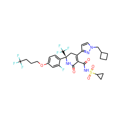O=C1N[C@@](c2ccc(OCCCC(F)(F)F)cc2F)(C(F)(F)F)CC(c2ccn(CC3CCC3)n2)=C1C(=O)NS(=O)(=O)C1CC1 ZINC001772602077