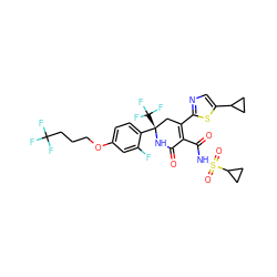 O=C1N[C@@](c2ccc(OCCCC(F)(F)F)cc2F)(C(F)(F)F)CC(c2ncc(C3CC3)s2)=C1C(=O)NS(=O)(=O)C1CC1 ZINC001772629519