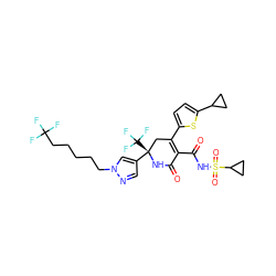 O=C1N[C@@](c2cnn(CCCCCC(F)(F)F)c2)(C(F)(F)F)CC(c2ccc(C3CC3)s2)=C1C(=O)NS(=O)(=O)C1CC1 ZINC000221979445