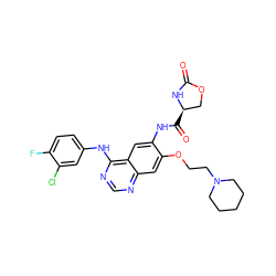 O=C1N[C@H](C(=O)Nc2cc3c(Nc4ccc(F)c(Cl)c4)ncnc3cc2OCCN2CCCCC2)CO1 ZINC000653889584