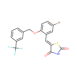 O=C1NC(=O)/C(=C/c2cc(Br)ccc2OCc2cccc(C(F)(F)F)c2)S1 ZINC000045286629