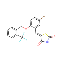 O=C1NC(=O)/C(=C/c2cc(Br)ccc2OCc2ccccc2C(F)(F)F)S1 ZINC000045285782