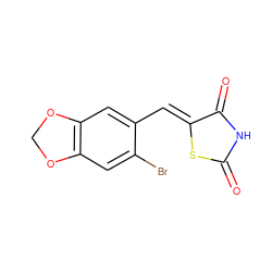 O=C1NC(=O)/C(=C/c2cc3c(cc2Br)OCO3)S1 ZINC000012955883