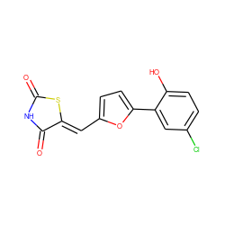 O=C1NC(=O)/C(=C/c2ccc(-c3cc(Cl)ccc3O)o2)S1 ZINC000034620572