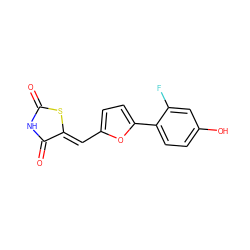 O=C1NC(=O)/C(=C/c2ccc(-c3ccc(O)cc3F)o2)S1 ZINC000035962298