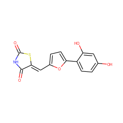 O=C1NC(=O)/C(=C/c2ccc(-c3ccc(O)cc3O)o2)S1 ZINC000035905685