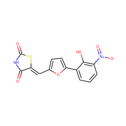 O=C1NC(=O)/C(=C/c2ccc(-c3cccc([N+](=O)[O-])c3O)o2)S1 ZINC000035962268