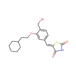 O=C1NC(=O)/C(=C/c2ccc(CO)c(OCCC3CCCCC3)c2)S1 ZINC000169700812