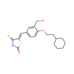 O=C1NC(=O)/C(=C/c2ccc(OCCC3CCCCC3)c(CO)c2)S1 ZINC000169700808