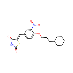 O=C1NC(=O)/C(=C/c2ccc(OCCCC3CCCCC3)c([N+](=O)[O-])c2)S1 ZINC000115790607