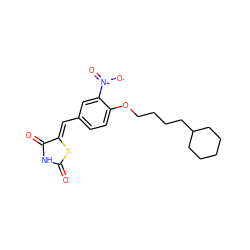 O=C1NC(=O)/C(=C/c2ccc(OCCCCC3CCCCC3)c([N+](=O)[O-])c2)S1 ZINC000139501087